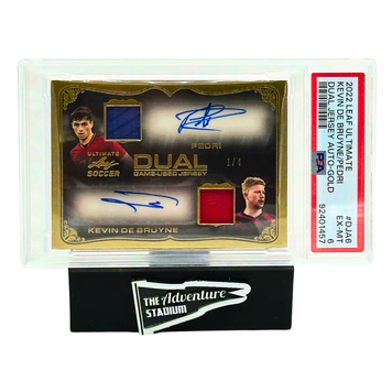 The Adventure Stadium 2022 Leaf Ultimate Soccer K. De Bruyne & Pedri Dual Jersey Auto Gold 1/4 PSA 6