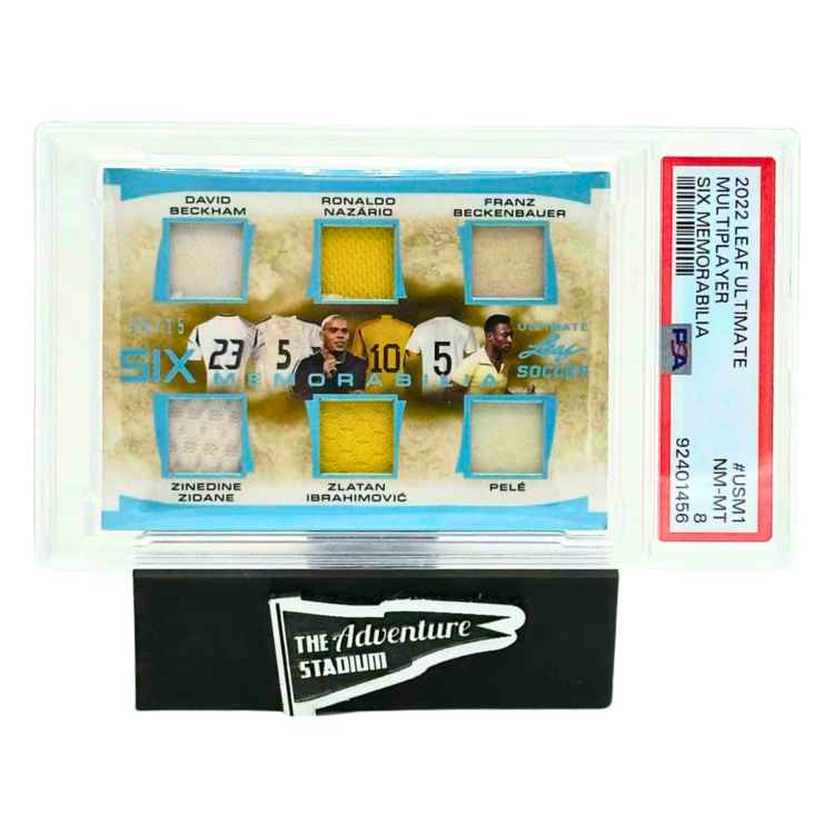 The Adventure Stadium 2022 Leaf Ultimate Soccer Multiplayer "Six Memorabilia" Relic 06/15 PSA 8