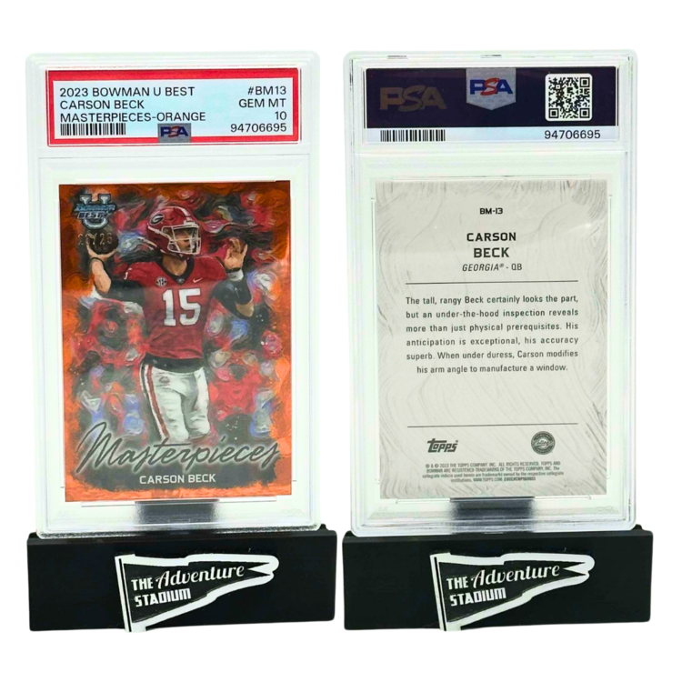 The Adventure Stadium 2023 Bowman U Best Carson Beck Masterpieces Orange 23/25 PSA 10