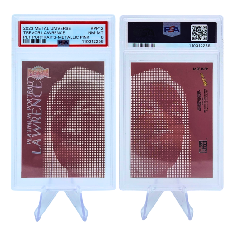 The Adventure Stadium 2023 UD Metal Universe Trevor Lawrence Platinum Portraits Metallic Pink PSA 8