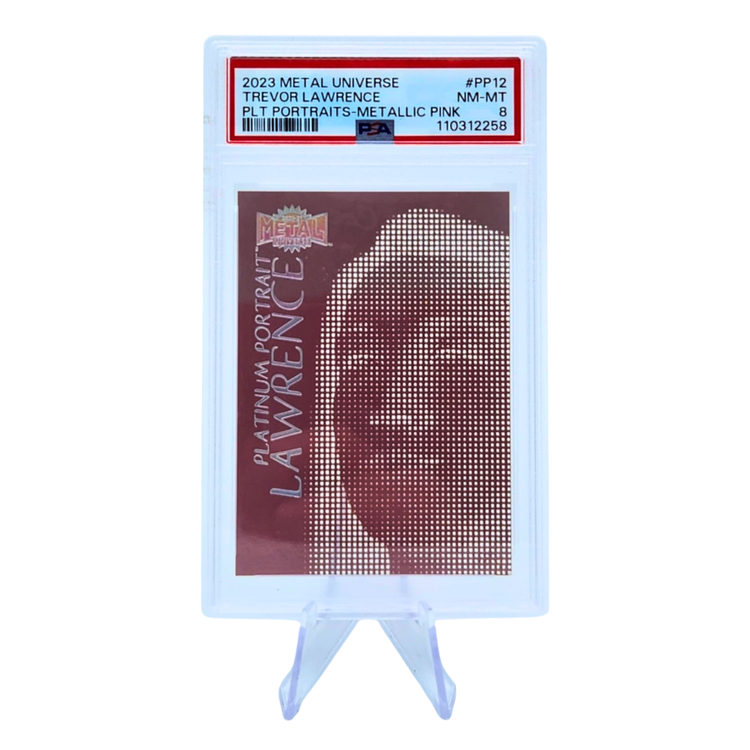 The Adventure Stadium 2023 UD Metal Universe Trevor Lawrence Platinum Portraits Metallic Pink PSA 8