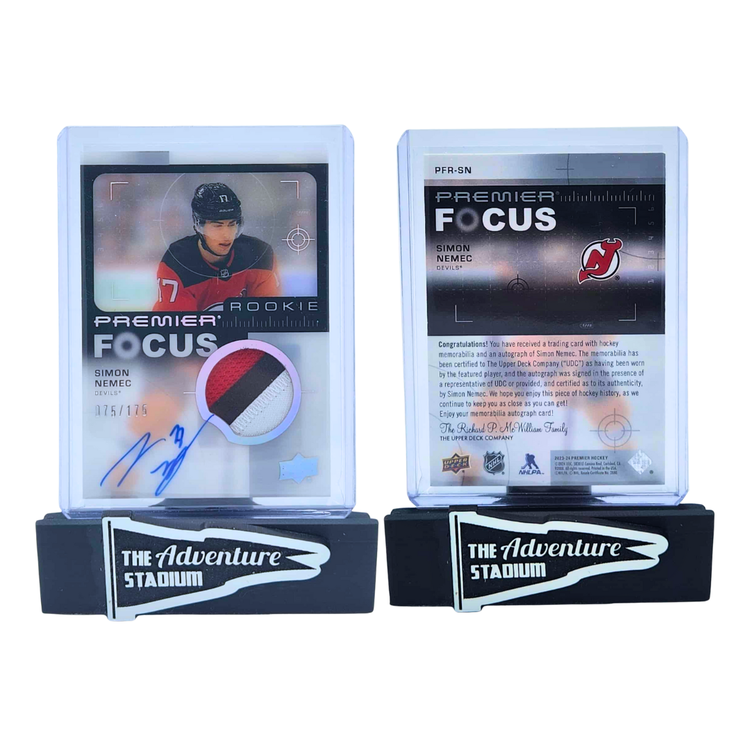 The Adventure Stadium 2023-24 UD Premier Hockey Simon Nemec Patch Autograph 075/175