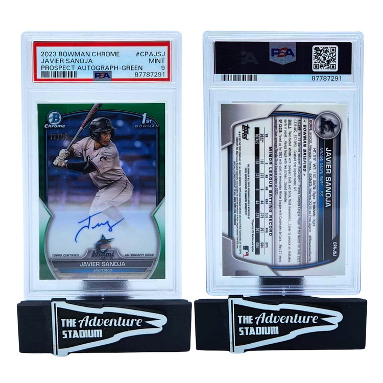 The Adventure Stadium 2023 Bowman Chrome Javier Sanoja Green Autograph 18/99 PSA 9