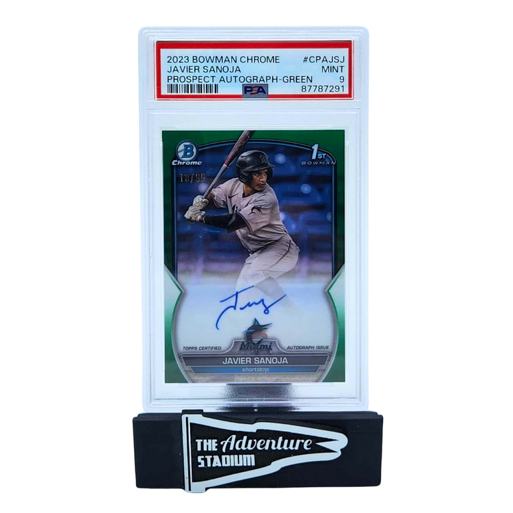The Adventure Stadium 2023 Bowman Chrome Javier Sanoja Green Autograph 18/99 PSA 9