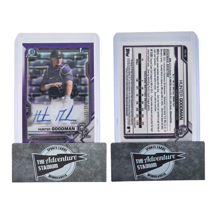 The Adventure Stadium 2021 Bowman Chrome Hunter Goodman Purple Autograph 102/250