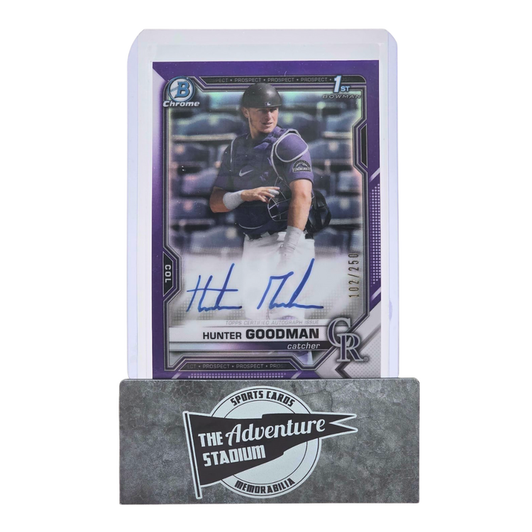 The Adventure Stadium 2021 Bowman Chrome Hunter Goodman Purple Autograph 102/250