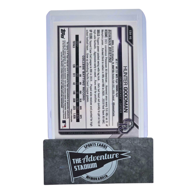 The Adventure Stadium 2021 Bowman Chrome Hunter Goodman Purple Autograph 102/250