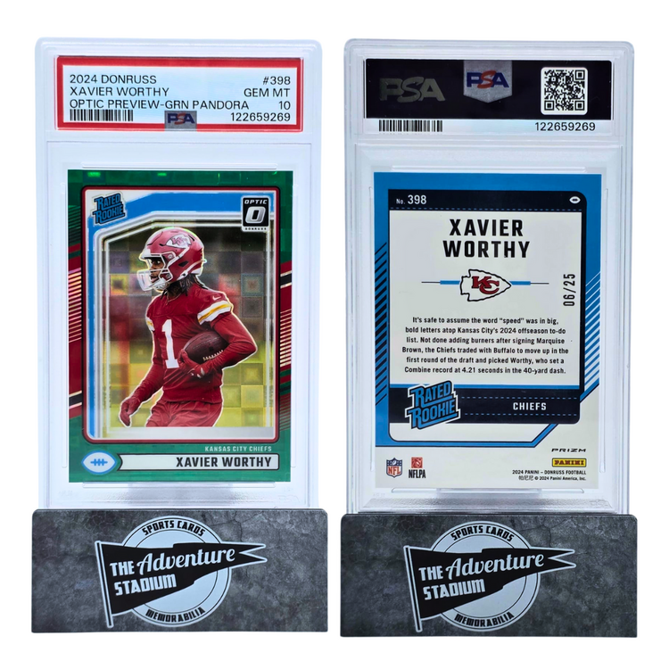 The Adventure Stadium 2024 Panini Donruss Xavier Worthy Green Pandora 06/25 PSA 10