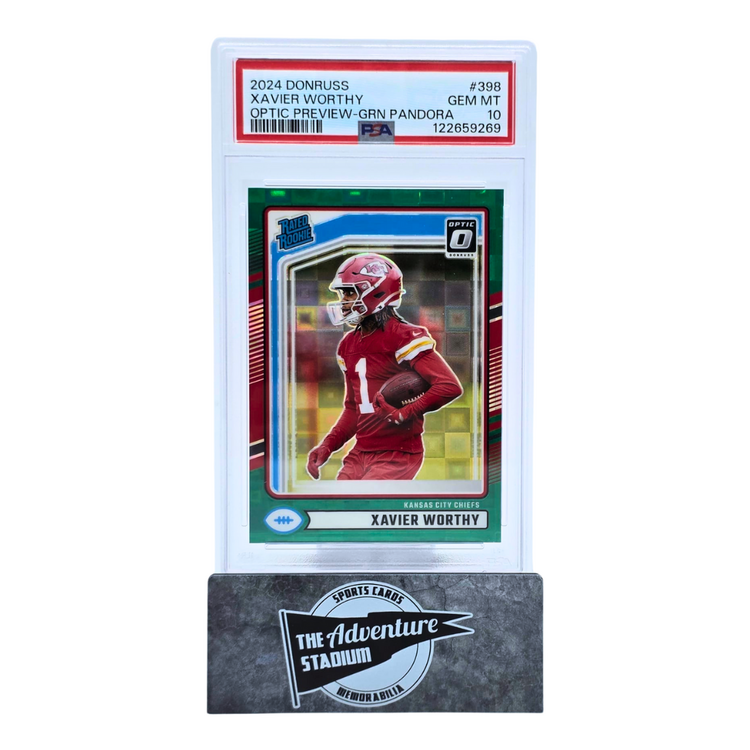 The Adventure Stadium 2024 Panini Donruss Xavier Worthy Green Pandora 06/25 PSA 10