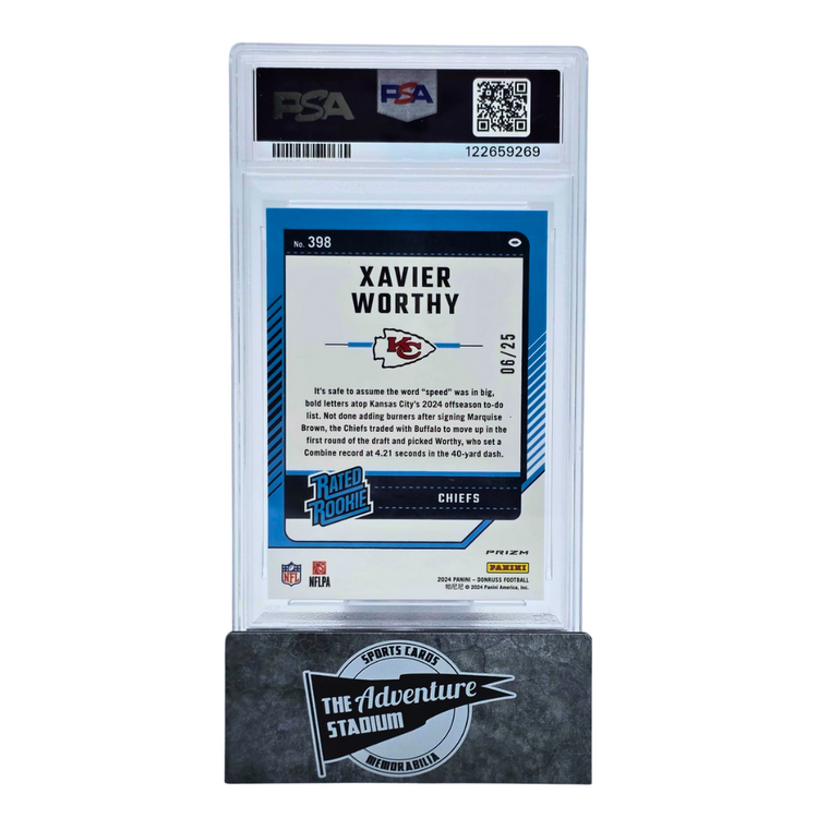 The Adventure Stadium 2024 Panini Donruss Xavier Worthy Green Pandora 06/25 PSA 10