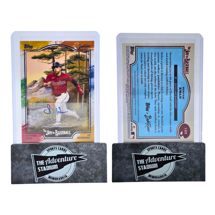 The Adventure Stadium 2025 Topps x Bob Ross Steven Kwan Autograph 66/99