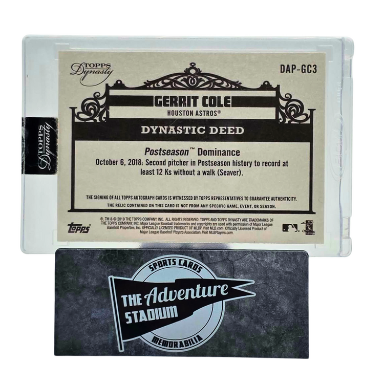 The Adventure Stadium 2019 Topps Dynasty Gerritt Cole Patch Autograph 02/10