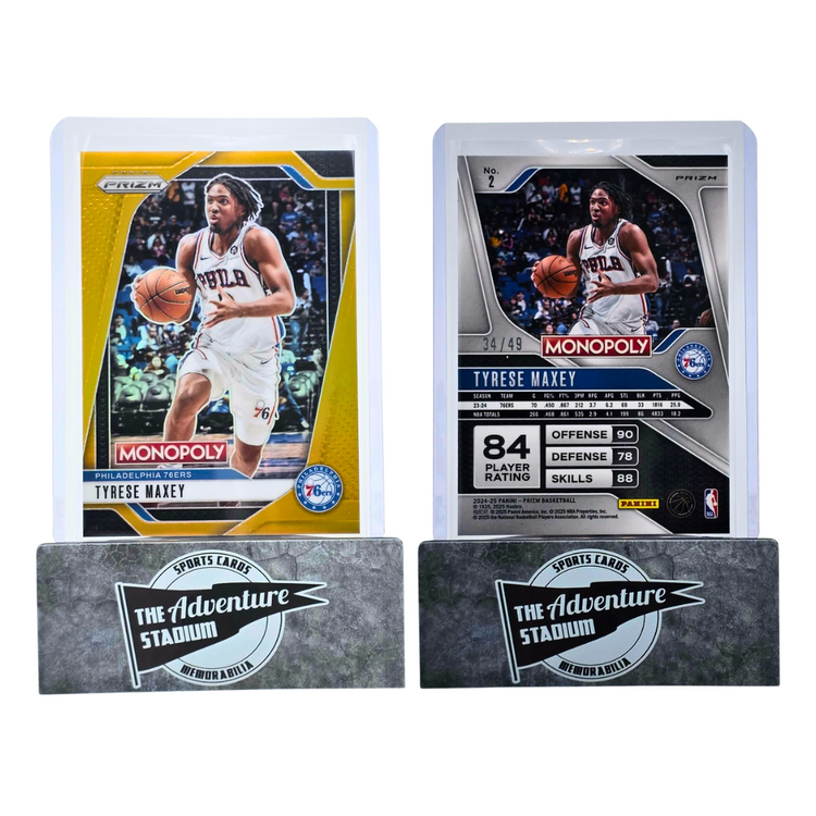 The Adventure Stadium 2024-25 Panini Prizm Monopoly Tyrese Maxey Gold 34/49