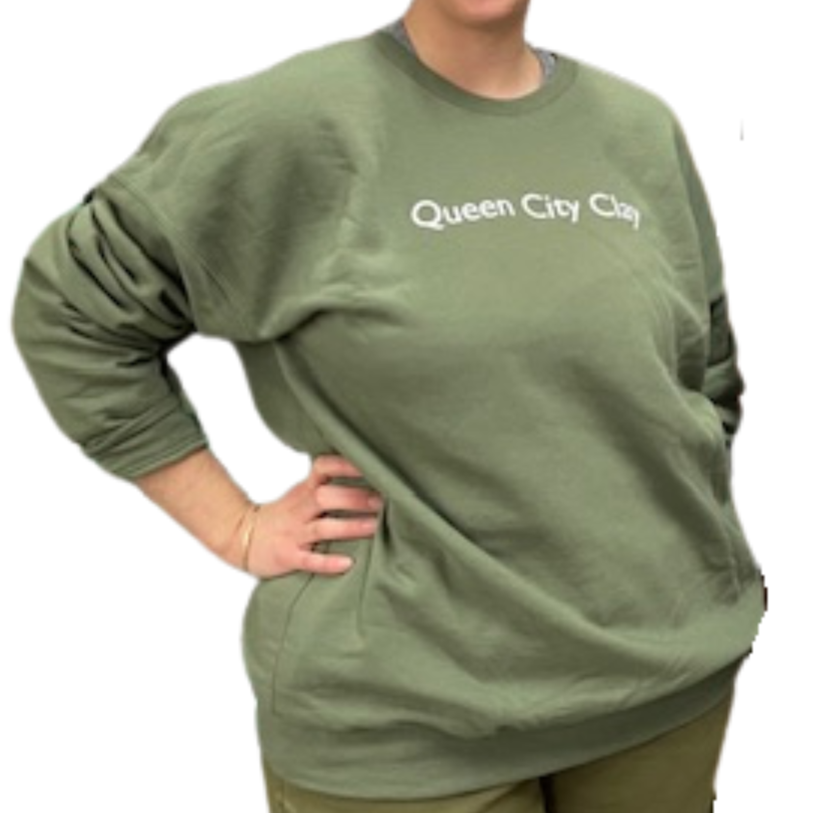 Queen City Clay Crewneck Sweatshirt- QCC Text (Army Green)