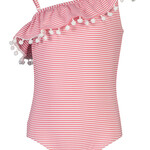 RED & WHITE STRIPE ONE SHOULDER FRILL SWIMSUIT