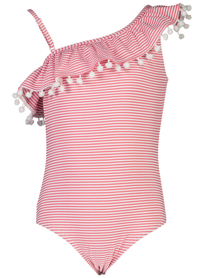 RED & WHITE STRIPE ONE SHOULDER FRILL SWIMSUIT