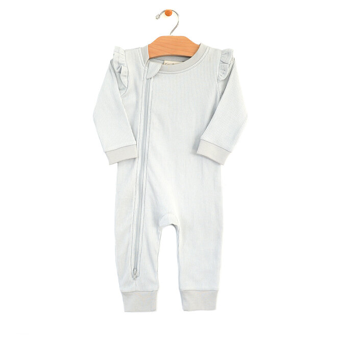 Rib Frill Sleeve Zip Romper - Glacier