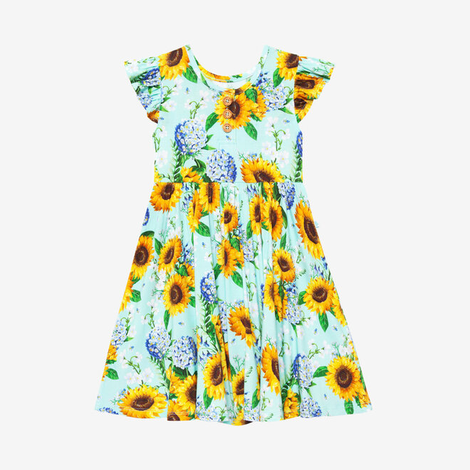Sunny - Ruffled Capsleeve Henley Twirl Dress