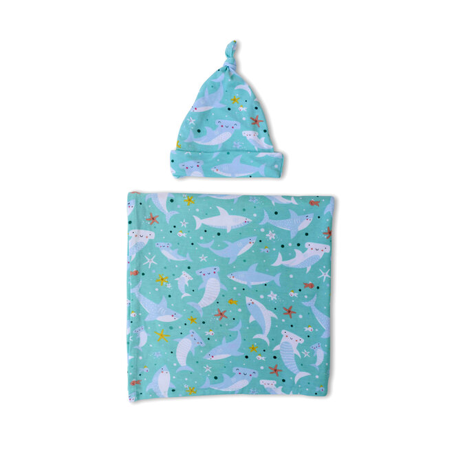 Sharks Soiree Swaddle & Hat Set