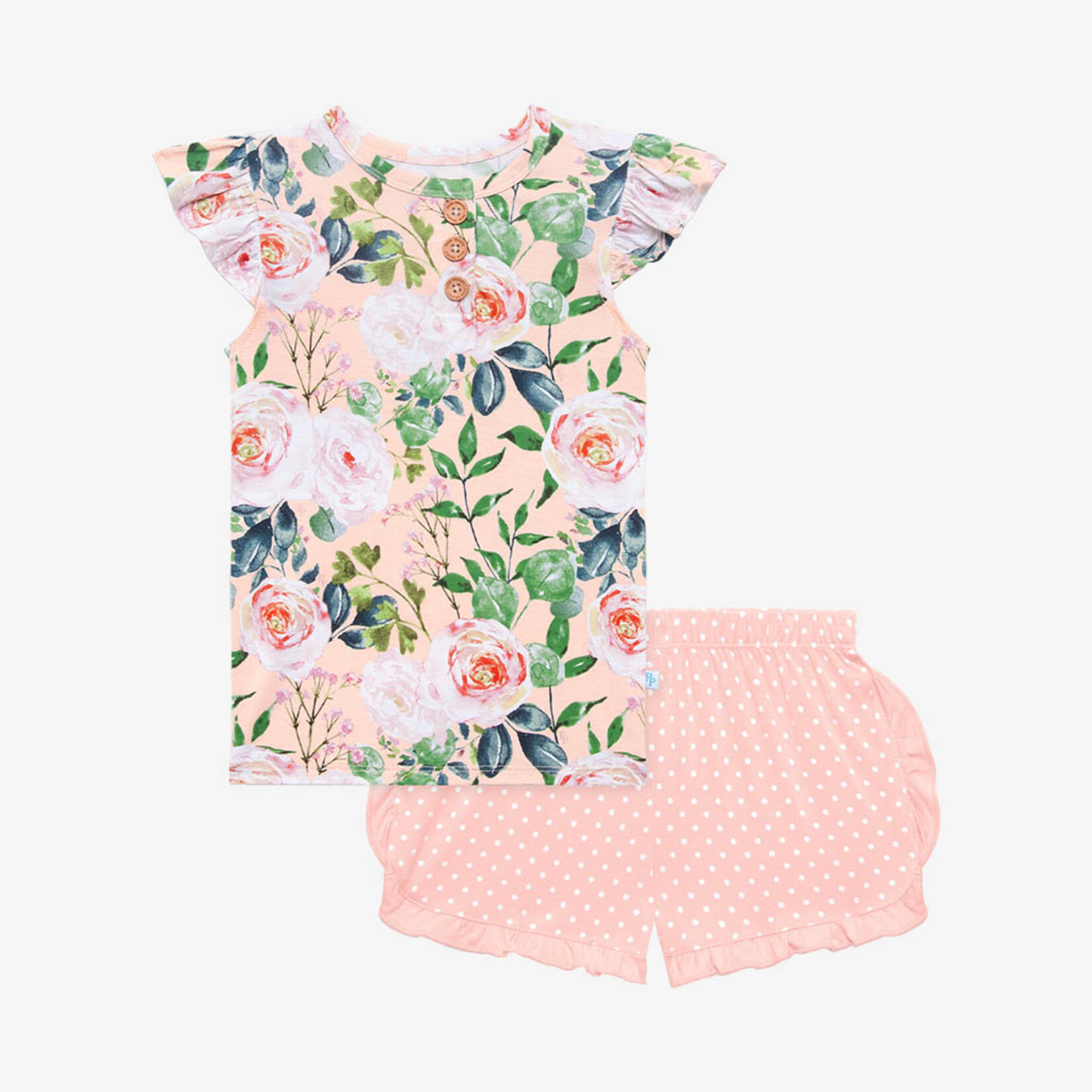 Posh Peanut Harper - Henley Ruffled Capsleeeve T-Shirt & Ruffled Varsity Short