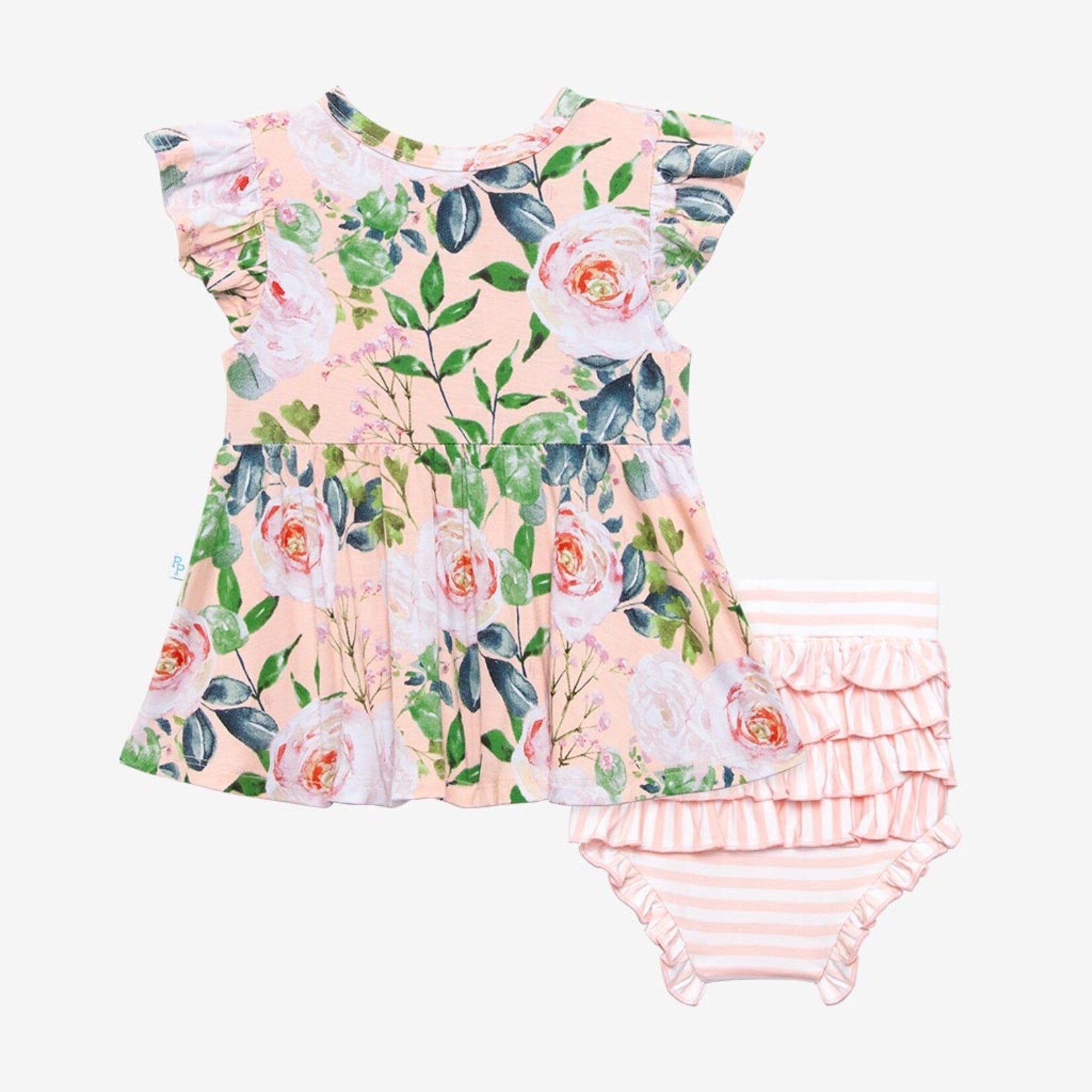 Posh Peanut Harper - Ruffled Capsleeve Henley Peplum Top & Bloomer Set