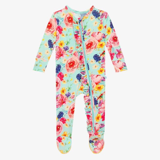 Olivia Mae - Zippered Footie one piece with ruffle accents