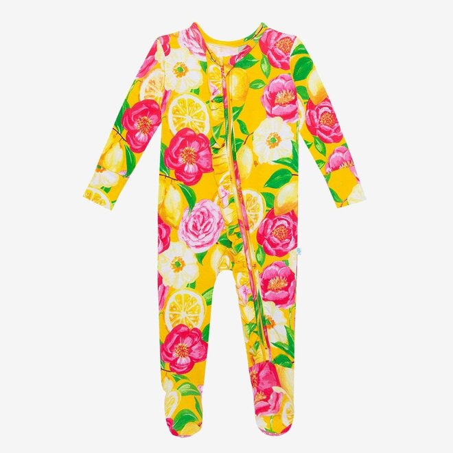 Annika - Zippered Footie one piece with ruffle accents