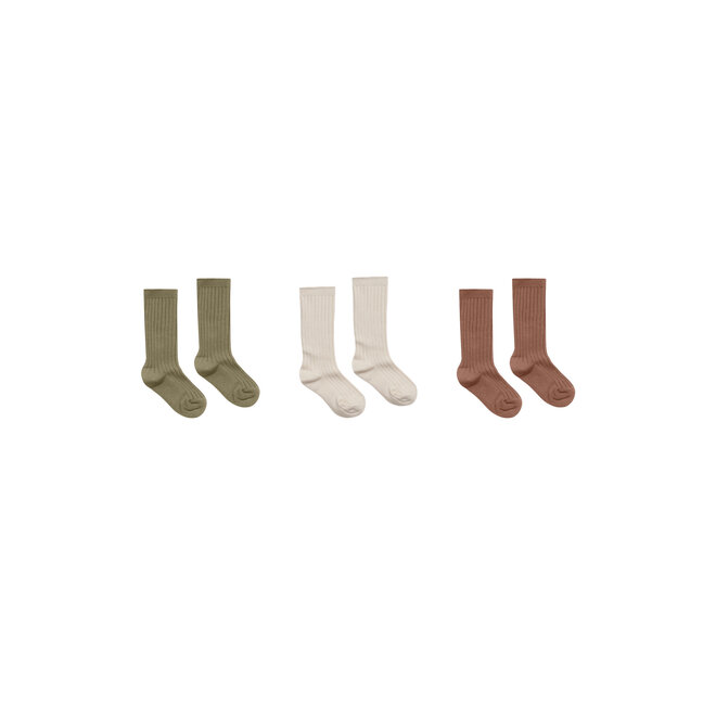 Solid Ribbed Socks 3 Pk - Olive, Stone, Wine