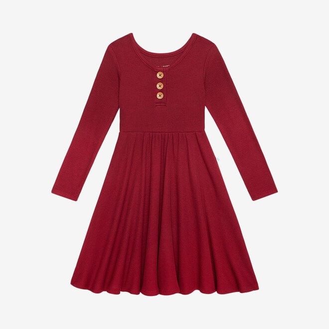 Borderaux Waffle - Long Sleeve Henley Twirl Dress