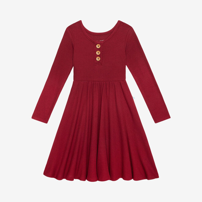 Borderaux Waffle - Long Sleeve Henley Twirl Dress