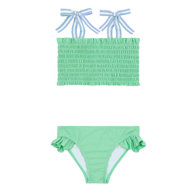 Girls Palm Green Smocked Bikini w/Grosgrain Straps