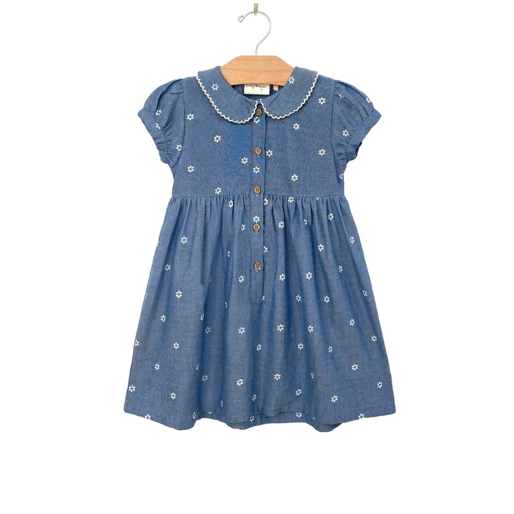 City Mouse Round Collar Dress - Chambray - Daisies
