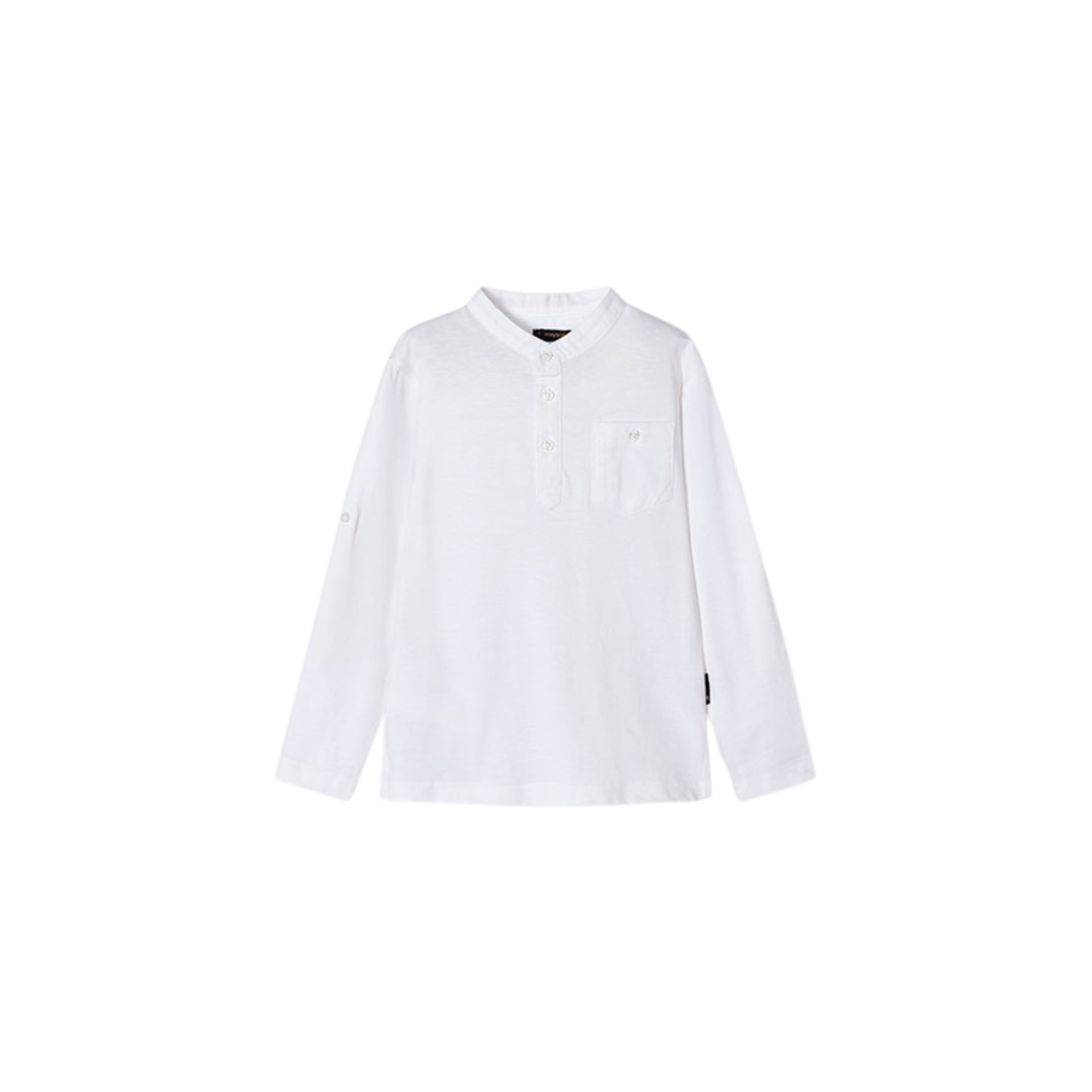 Collarless Roll Sleeve L/S Shirt || White