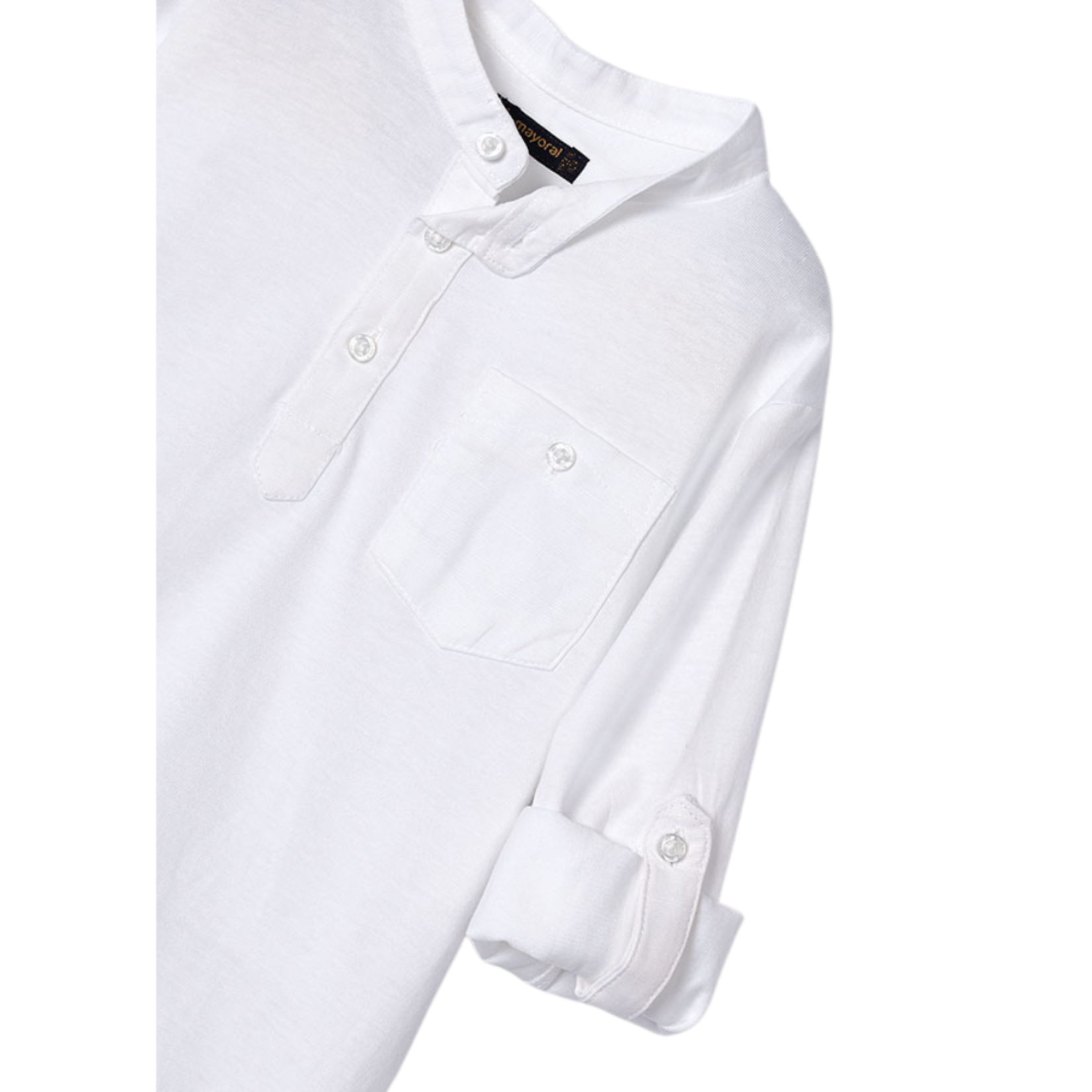Collarless Roll Sleeve L/S Shirt || White