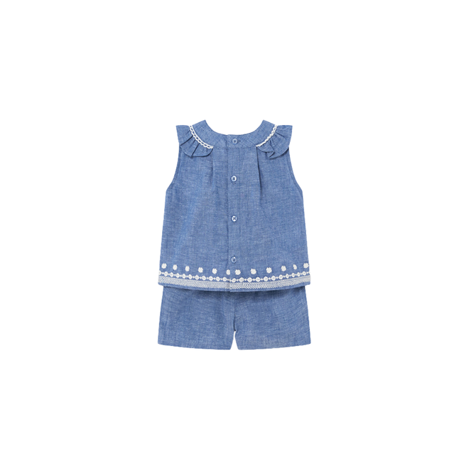 Embroidered Linen Short Set || Blue Chambray