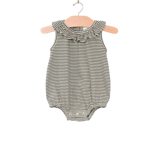Frill Collar Romper - Combed Jersey - Stripe - Charcoal