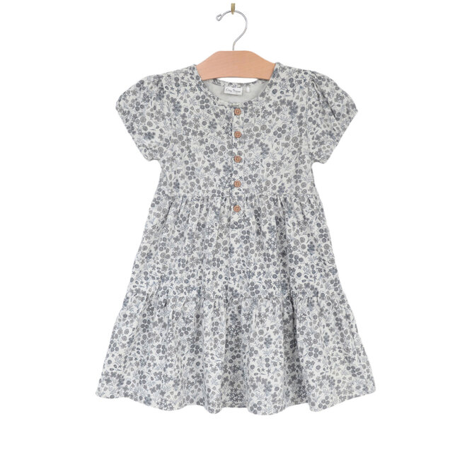 Puff Sleeve Henley Dress - Combed Jersey - Calico Floral - Robins Egg