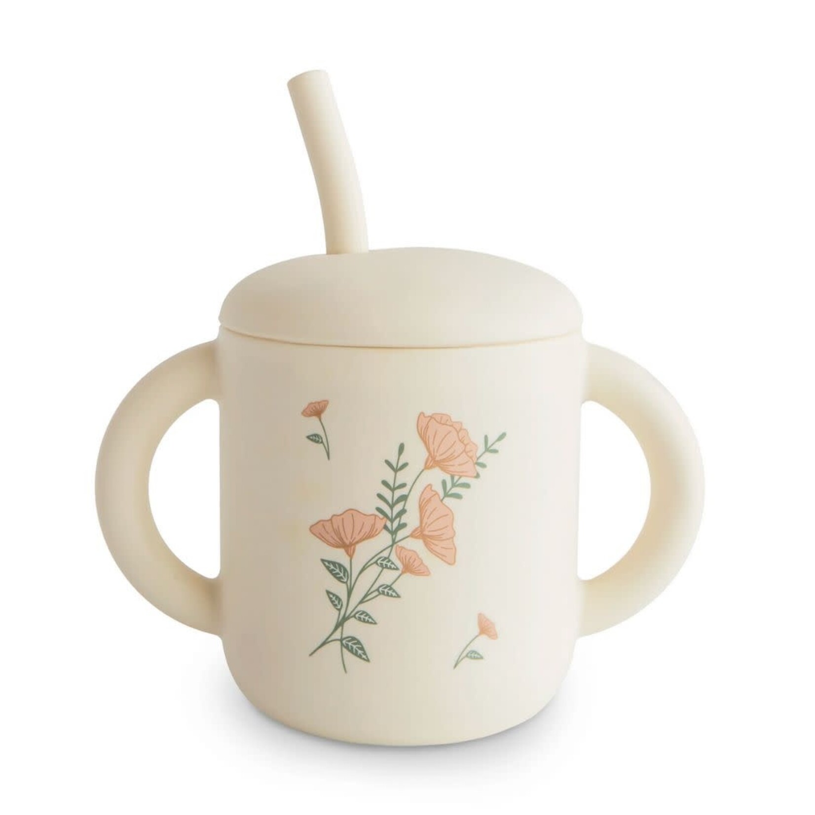 Mushie Silicone Training Cup + Straw || Pink Flowers