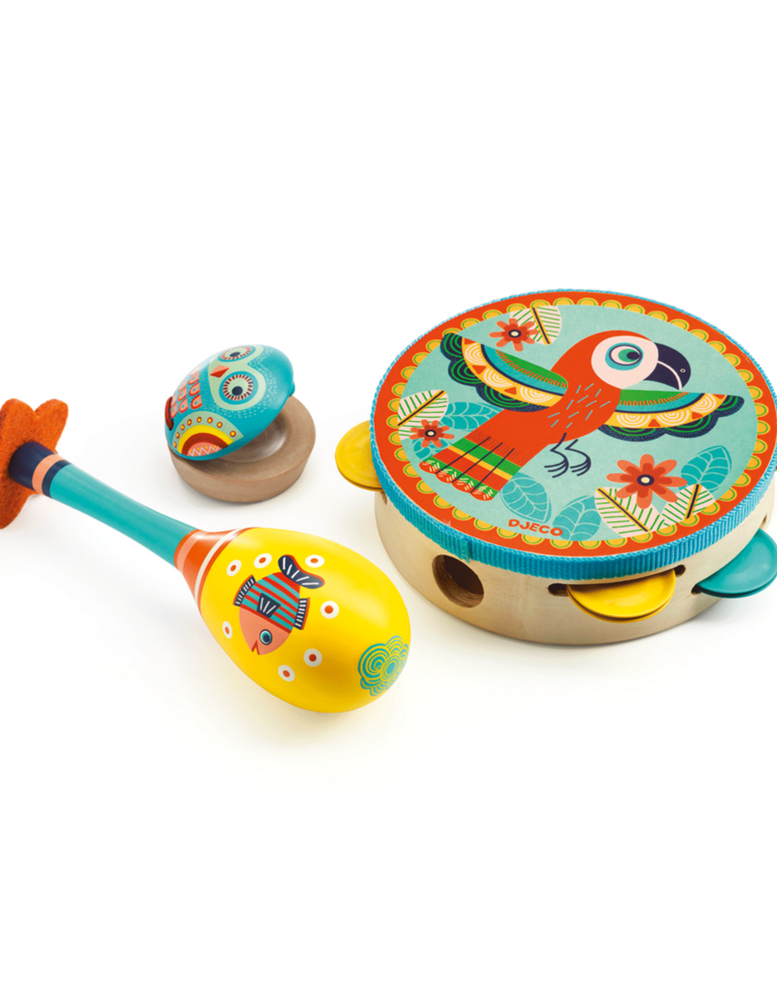 Djeco Animambo Tambourine, Maracas, Guiro Instrument Set