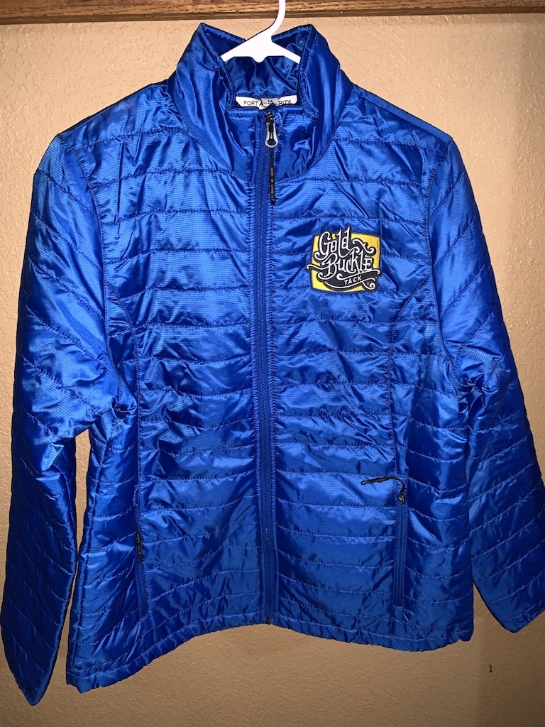 Womens Puffer Jacket Gold Buckle Tack