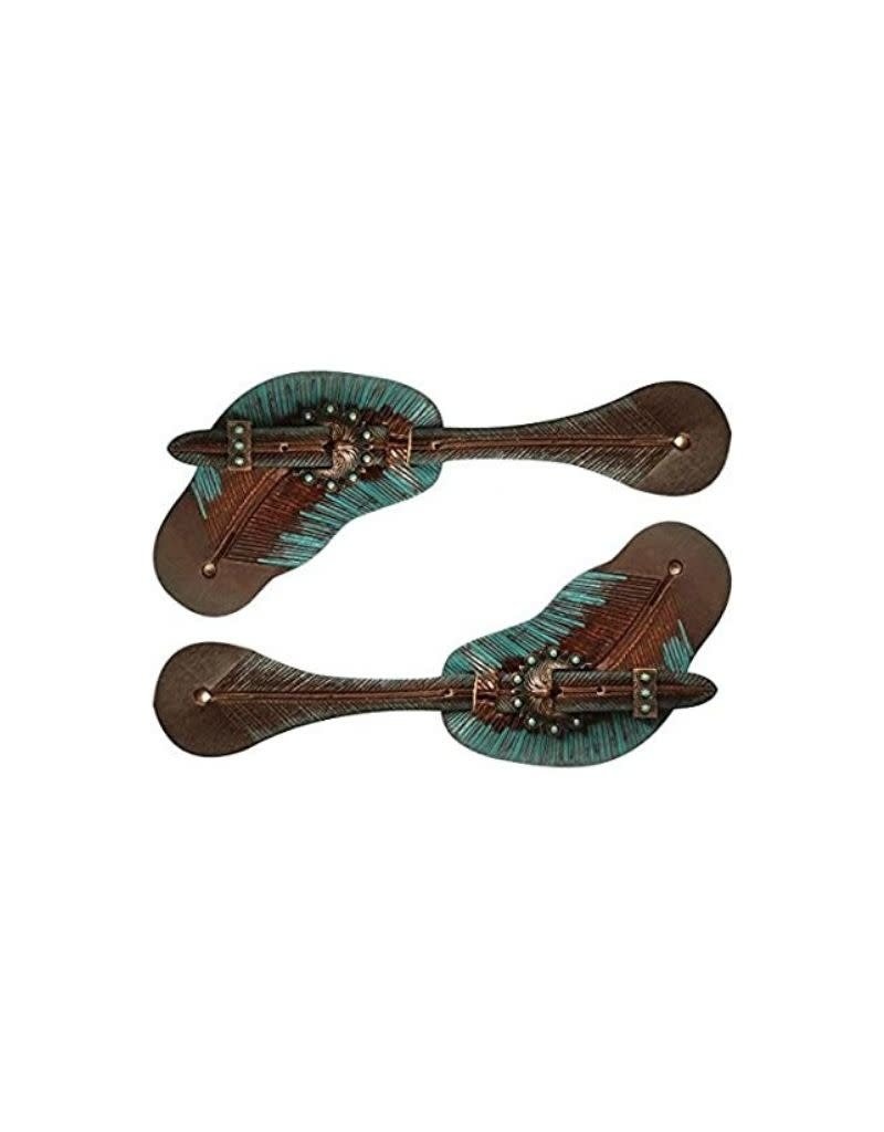 Showman Ladies Teal/Copper Painted Feather Spur Straps