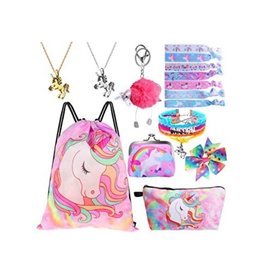 Standie 9PCS Drawstring  Unicorn Backpack Include Makeup Bag Bracelet Necklace Set Hair Ties