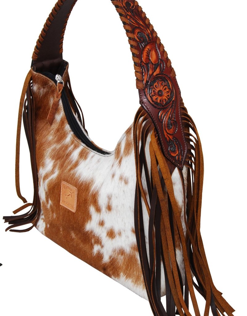 Rafter T Ranch Company Hobo Bag - Brown & White Cowhide Hand Bag w/fringe