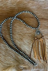 Silver Leather Tassel w/Cow Skull Necklace