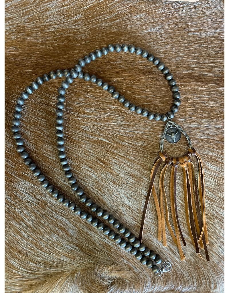 Silver Leather Tassel w/Cow Skull Necklace
