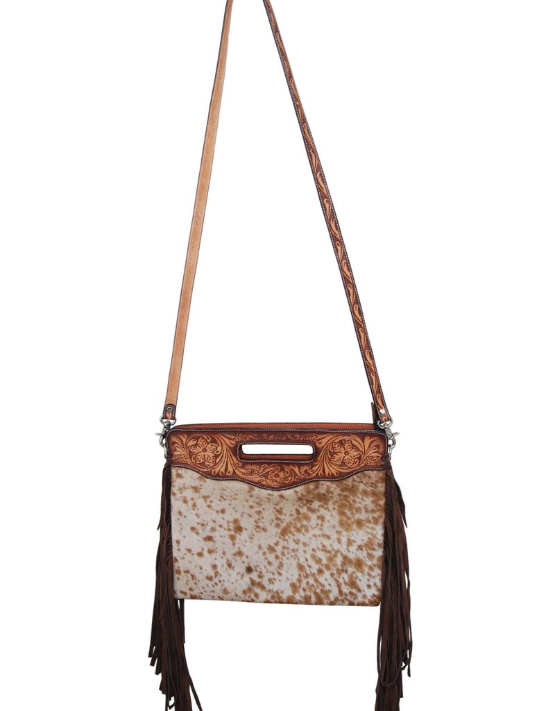 Rafter T Ranch Company Clutch/Crossbody Bag – 13″(W) x 12″(H) – Cowhide with Brown Fringe