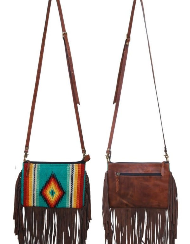 Rafter T Ranch Company Cross body – 10″(W) x 8″(H) – Serape Green with Brown Fringe