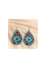 Rodeo Drive Teal Flower and Cheetah Leather Dangling Fashion Earrings