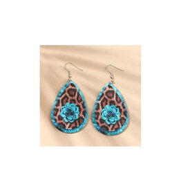 Rodeo Drive Teal Flower and Cheetah Leather Dangling Fashion Earrings