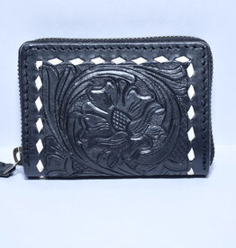 Rafter T Ranch Company Small Black Tooled Wallet with White Buckstitch
